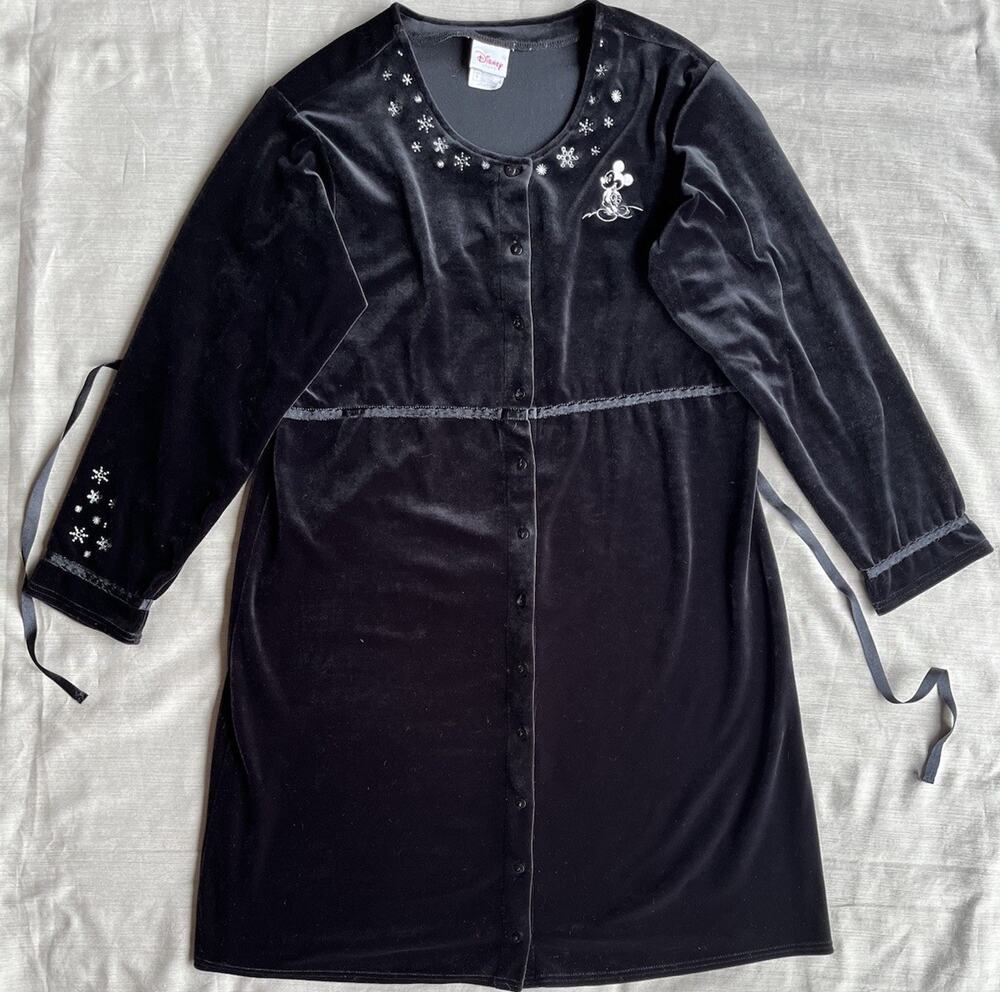 Vintage Disney Store Mickey Mouse Dress L Black Velour Snowflake Embroidered Y2K